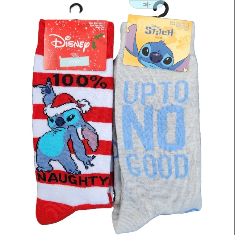 Disney Stitch 2 Pair '100% Naughty' &  'Up to No Good' Socks Adult Size 6.5-12